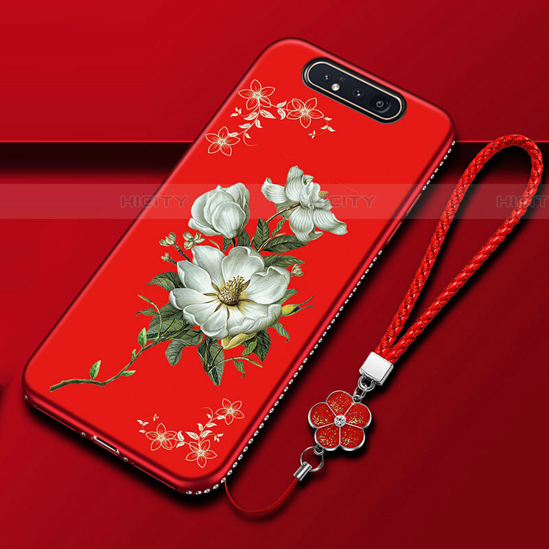 Handyhülle Silikon Hülle Gummi Schutzhülle Blumen S06 für Samsung Galaxy A80 Rot