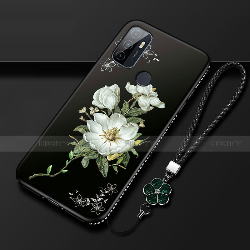 Handyhülle Silikon Hülle Gummi Schutzhülle Flexible Blumen A01 für Oppo A53s Schwarz Plus