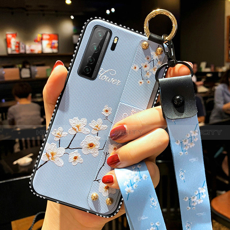 Handyhülle Silikon Hülle Gummi Schutzhülle Flexible Blumen K01 für Huawei P40 Lite 5G Hellblau