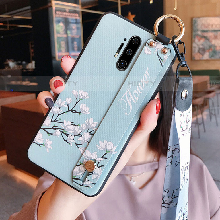 Handyhülle Silikon Hülle Gummi Schutzhülle Flexible Blumen K01 für OnePlus 8 Pro Hellblau