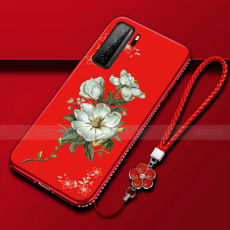 Handyhülle Silikon Hülle Gummi Schutzhülle Flexible Blumen K02 für Huawei Nova 7 SE 5G Rot