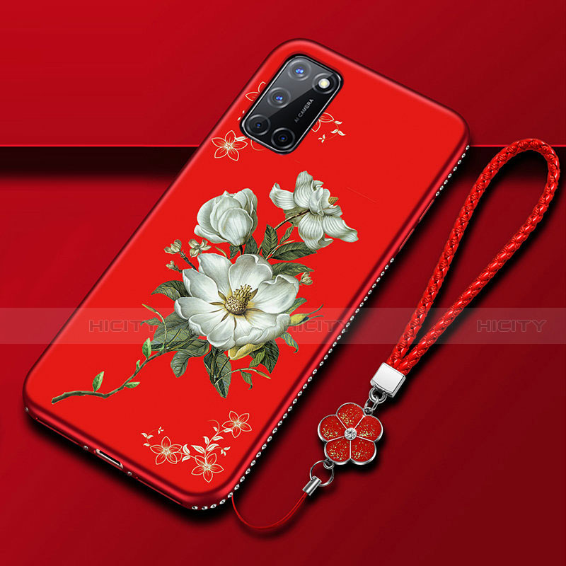 Handyhülle Silikon Hülle Gummi Schutzhülle Flexible Blumen S01 für Oppo A72 Rot