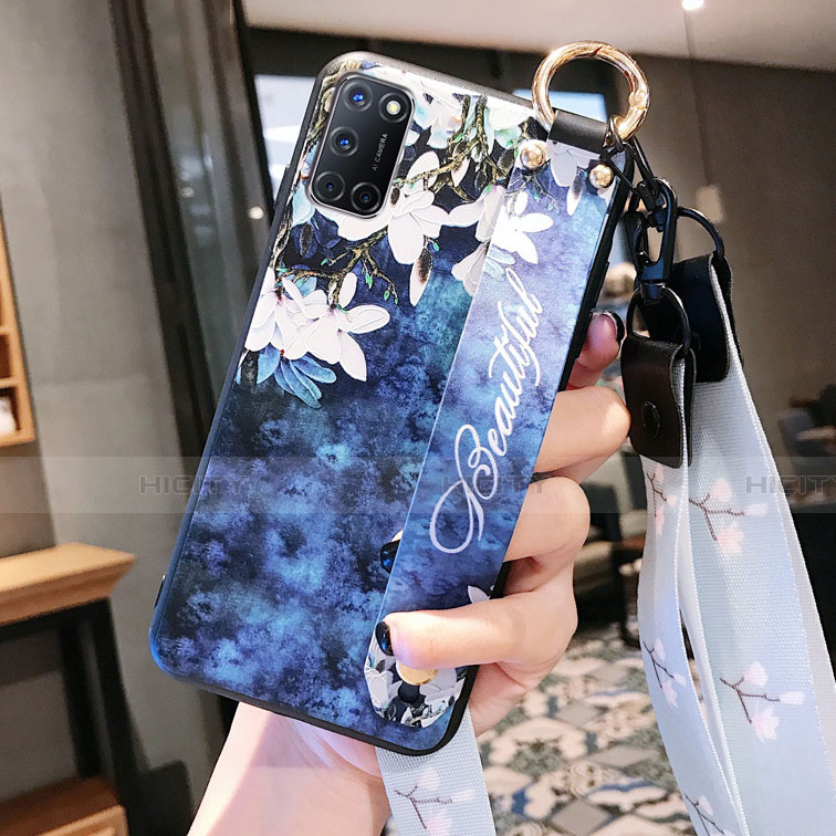 Handyhülle Silikon Hülle Gummi Schutzhülle Flexible Blumen S02 für Oppo A92 Blau