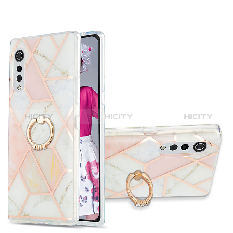 Handyhülle Silikon Hülle Gummi Schutzhülle Flexible Modisch Muster mit Fingerring Ständer Y01B für LG Velvet 5G Rosa Plus