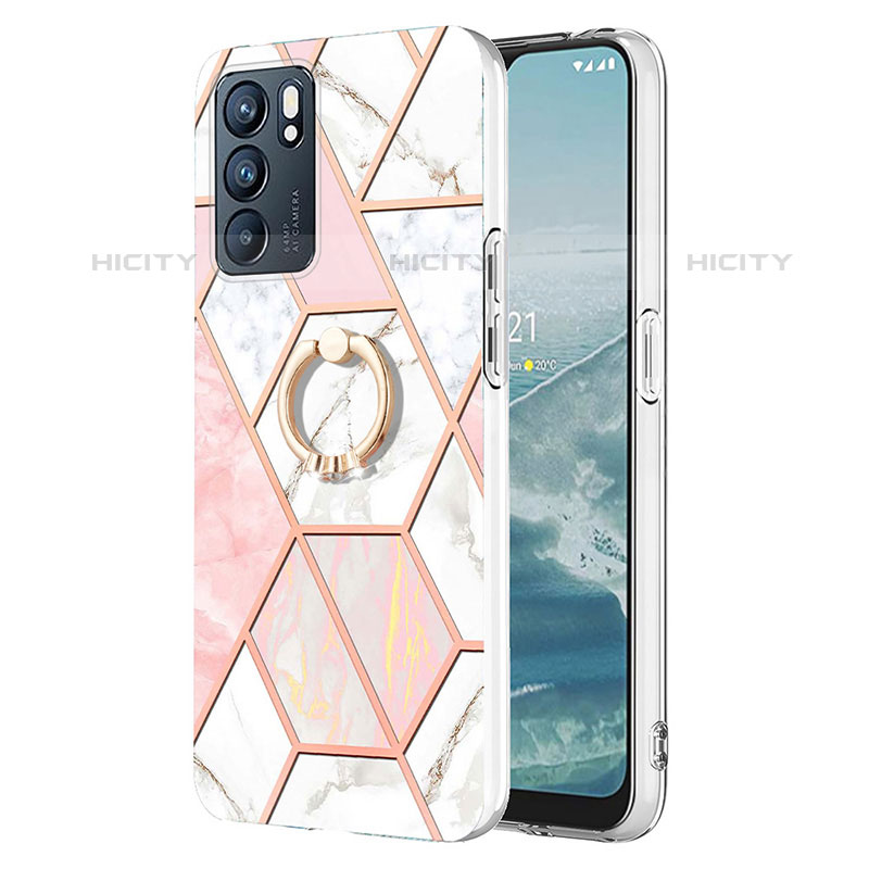 Handyhülle Silikon Hülle Gummi Schutzhülle Flexible Modisch Muster mit Fingerring Ständer Y01B für Oppo Reno6 5G Rosa