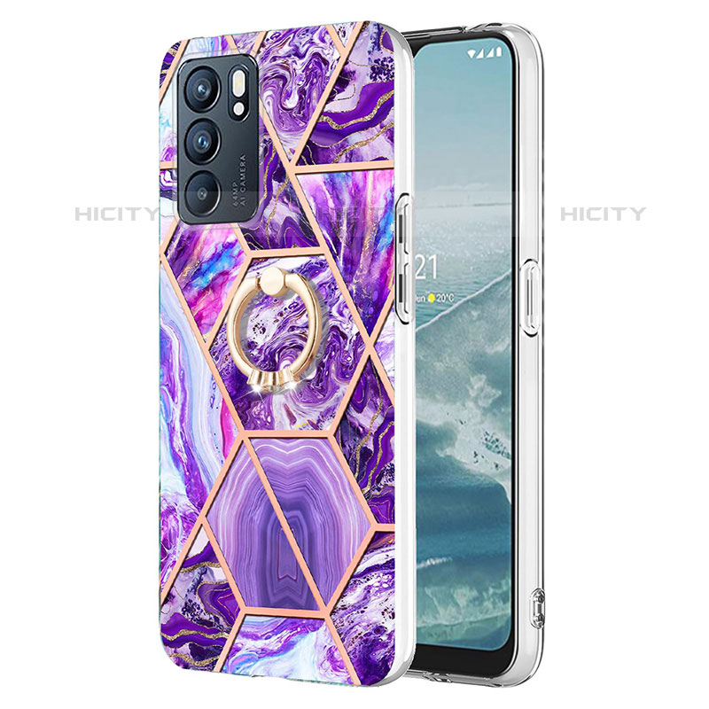 Handyhülle Silikon Hülle Gummi Schutzhülle Flexible Modisch Muster mit Fingerring Ständer Y01B für Oppo Reno6 5G Violett