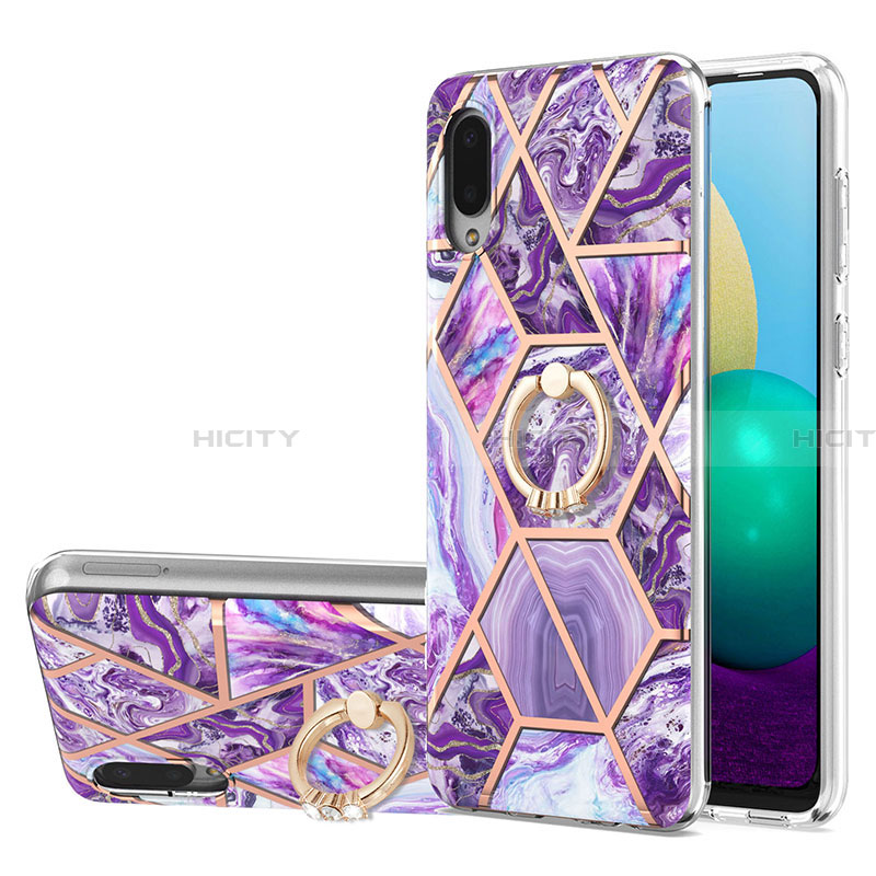 Handyhülle Silikon Hülle Gummi Schutzhülle Flexible Modisch Muster mit Fingerring Ständer Y01B für Samsung Galaxy A02 Violett Plus