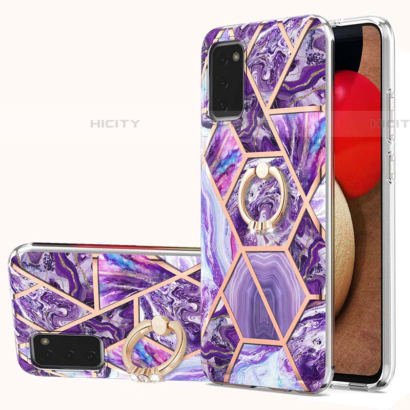 Handyhülle Silikon Hülle Gummi Schutzhülle Flexible Modisch Muster mit Fingerring Ständer Y01B für Samsung Galaxy A03s Violett