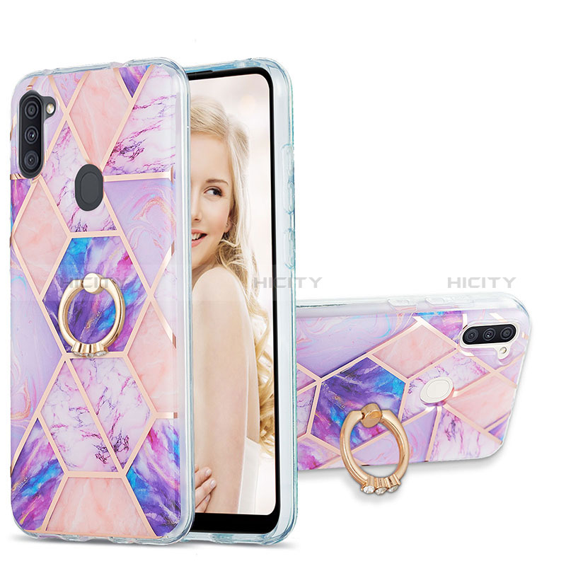 Handyhülle Silikon Hülle Gummi Schutzhülle Flexible Modisch Muster mit Fingerring Ständer Y01B für Samsung Galaxy A11 Helles Lila Plus