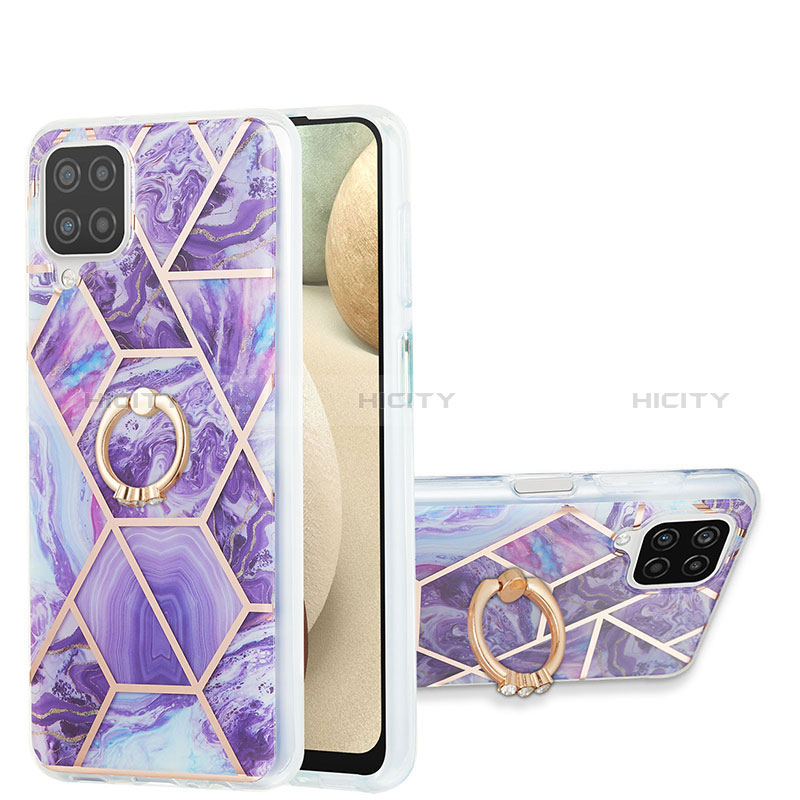 Handyhülle Silikon Hülle Gummi Schutzhülle Flexible Modisch Muster mit Fingerring Ständer Y01B für Samsung Galaxy A12 5G Violett