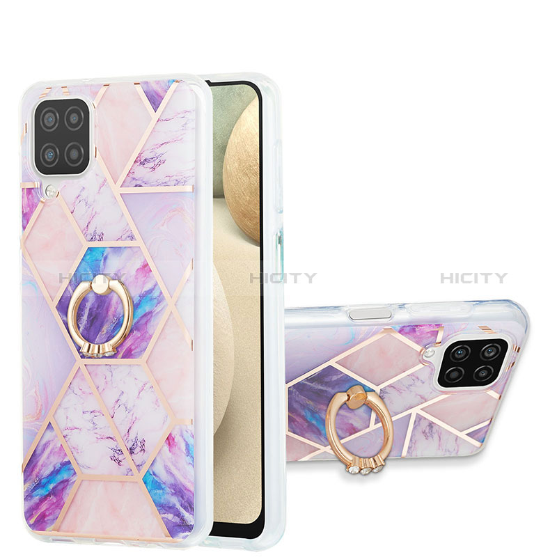 Handyhülle Silikon Hülle Gummi Schutzhülle Flexible Modisch Muster mit Fingerring Ständer Y01B für Samsung Galaxy A12 Helles Lila