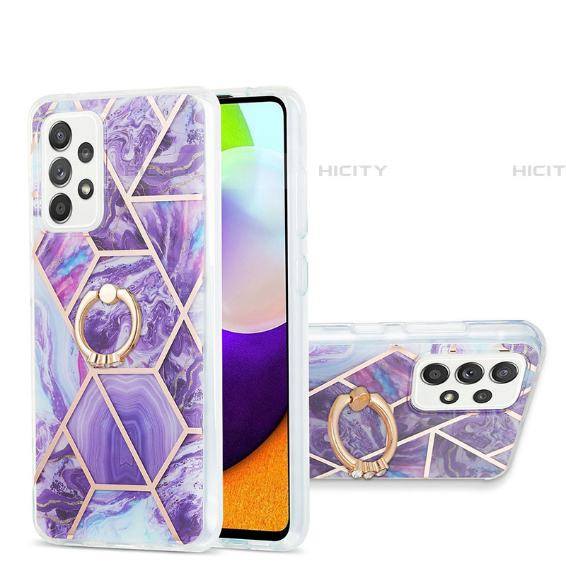 Handyhülle Silikon Hülle Gummi Schutzhülle Flexible Modisch Muster mit Fingerring Ständer Y01B für Samsung Galaxy A52 4G Violett