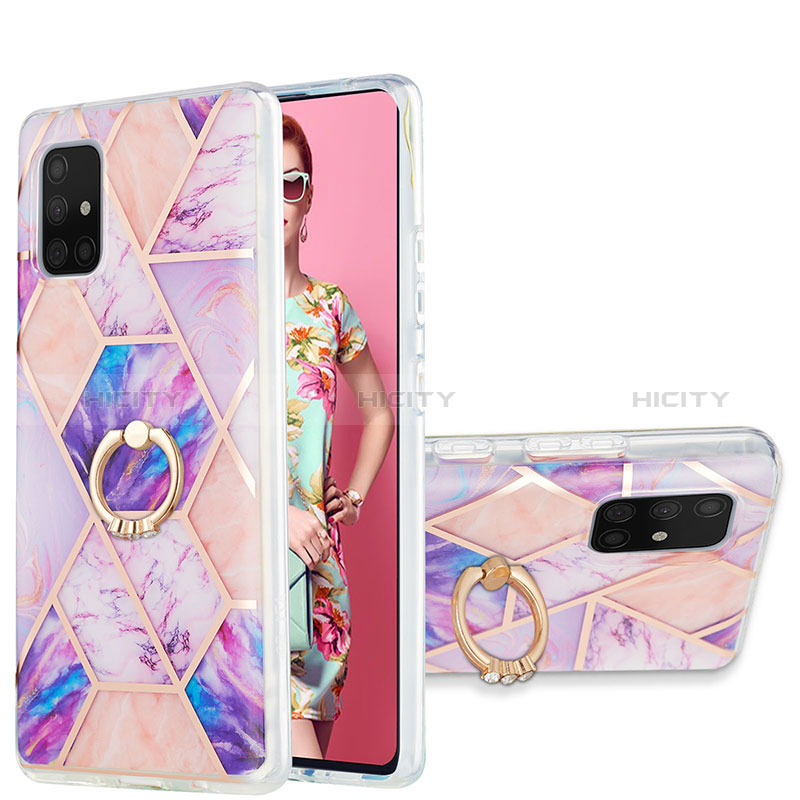 Handyhülle Silikon Hülle Gummi Schutzhülle Flexible Modisch Muster mit Fingerring Ständer Y01B für Samsung Galaxy A71 4G A715 Helles Lila