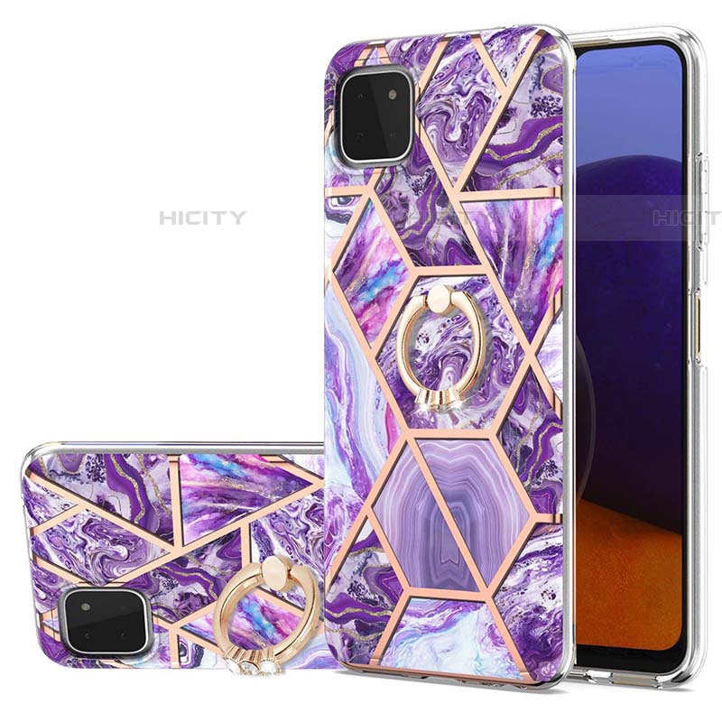 Handyhülle Silikon Hülle Gummi Schutzhülle Flexible Modisch Muster mit Fingerring Ständer Y01B für Samsung Galaxy F42 5G Violett