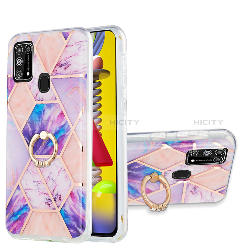 Handyhülle Silikon Hülle Gummi Schutzhülle Flexible Modisch Muster mit Fingerring Ständer Y01B für Samsung Galaxy M31 Helles Lila