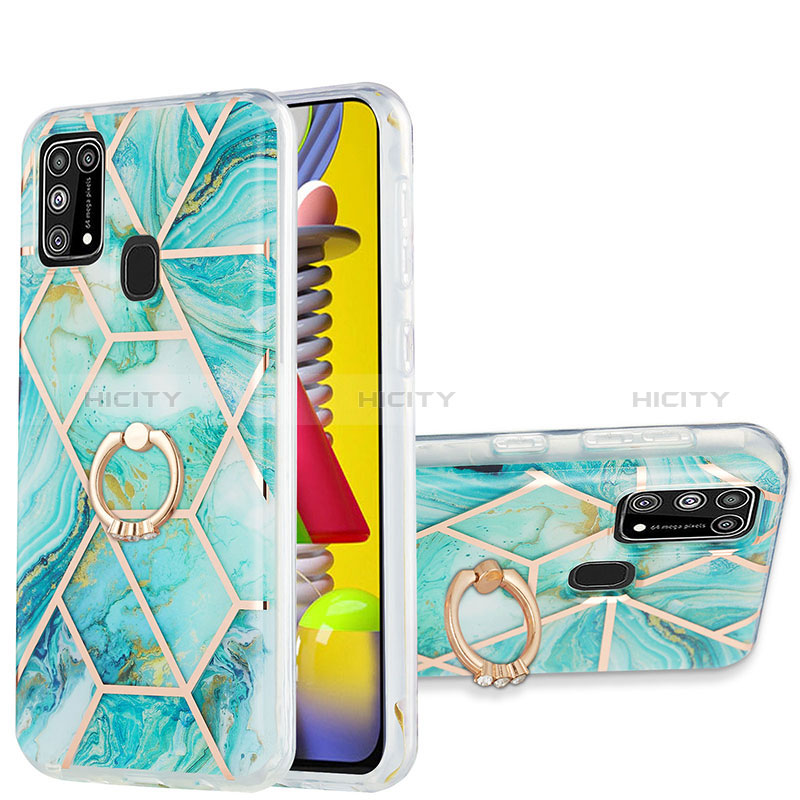 Handyhülle Silikon Hülle Gummi Schutzhülle Flexible Modisch Muster mit Fingerring Ständer Y01B für Samsung Galaxy M31 Minzgrün