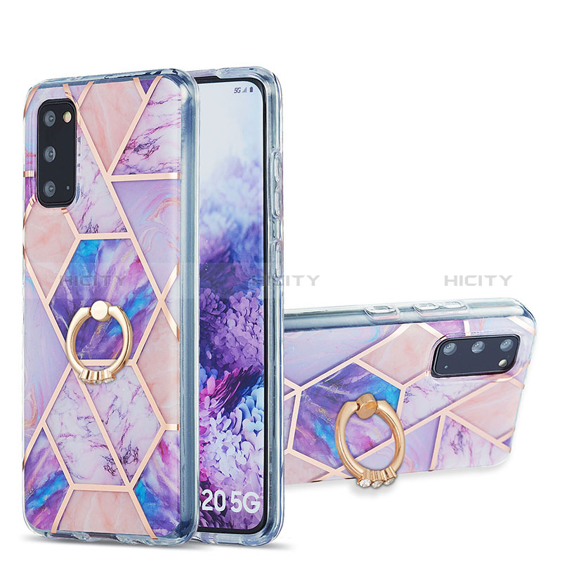 Handyhülle Silikon Hülle Gummi Schutzhülle Flexible Modisch Muster mit Fingerring Ständer Y01B für Samsung Galaxy S20 5G Helles Lila