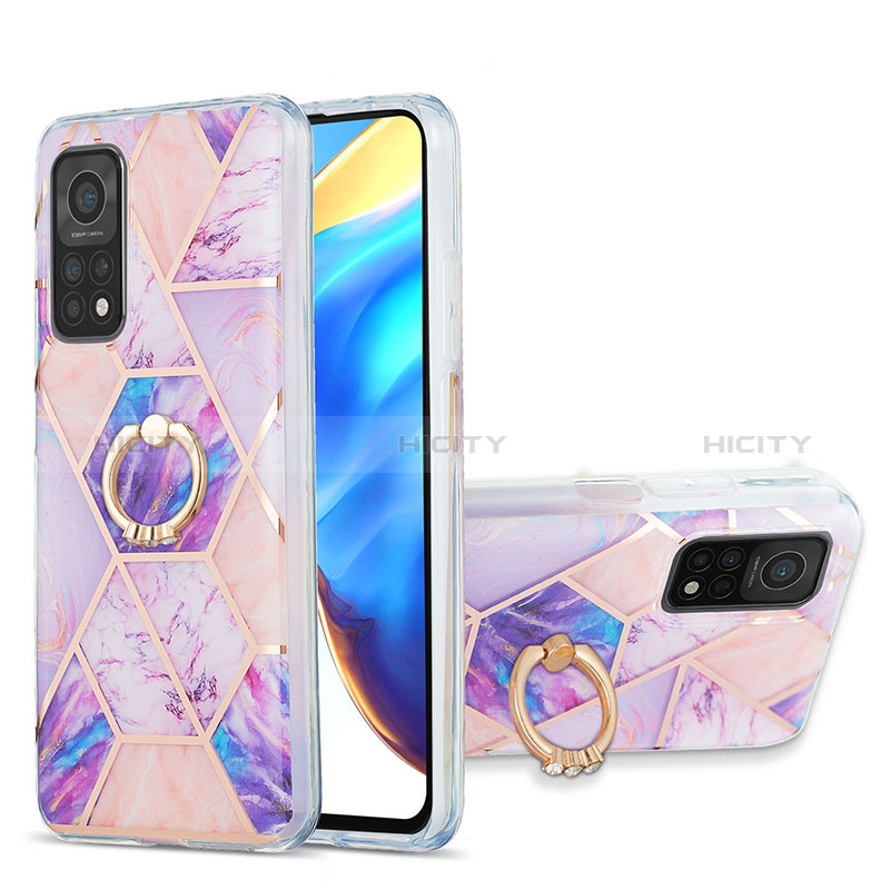 Handyhülle Silikon Hülle Gummi Schutzhülle Flexible Modisch Muster mit Fingerring Ständer Y01B für Xiaomi Mi 10T 5G Helles Lila Plus