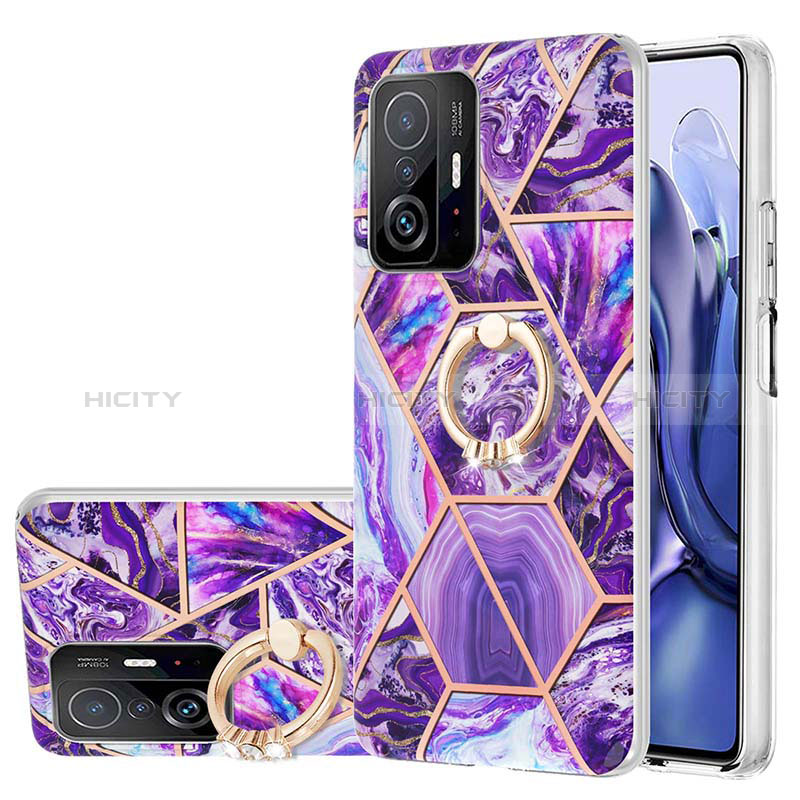 Handyhülle Silikon Hülle Gummi Schutzhülle Flexible Modisch Muster mit Fingerring Ständer Y01B für Xiaomi Mi 11T Pro 5G Violett