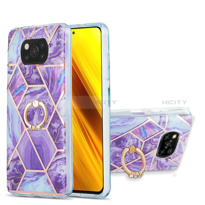 Handyhülle Silikon Hülle Gummi Schutzhülle Flexible Modisch Muster mit Fingerring Ständer Y01B für Xiaomi Poco X3 Pro Violett