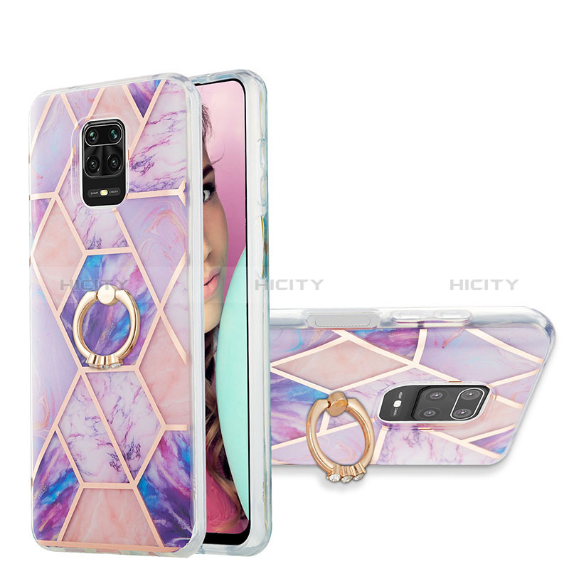 Handyhülle Silikon Hülle Gummi Schutzhülle Flexible Modisch Muster mit Fingerring Ständer Y01B für Xiaomi Redmi Note 9 Pro Helles Lila