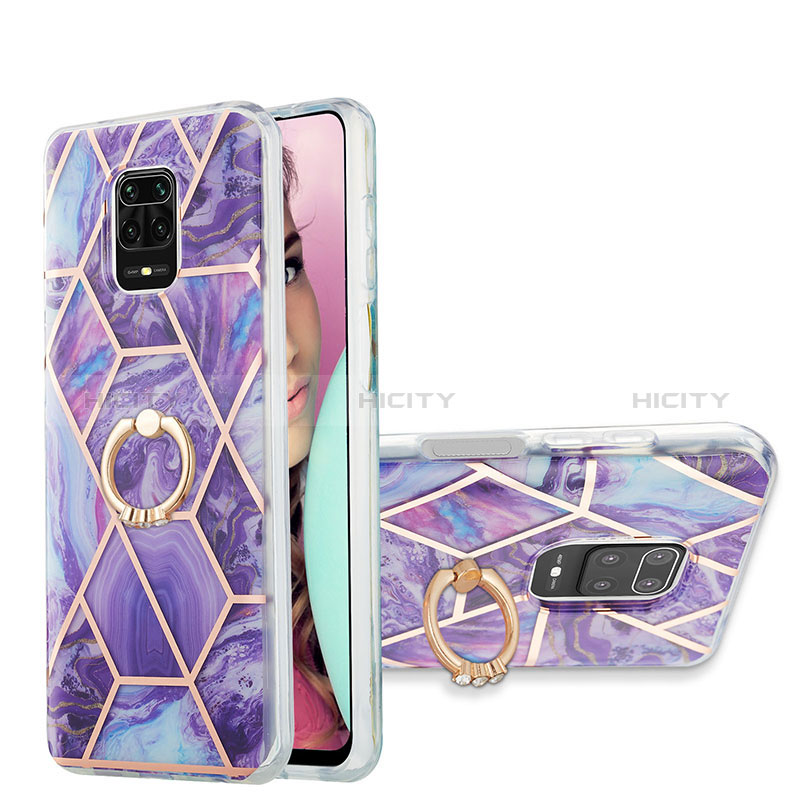 Handyhülle Silikon Hülle Gummi Schutzhülle Flexible Modisch Muster mit Fingerring Ständer Y01B für Xiaomi Redmi Note 9 Pro Max Violett