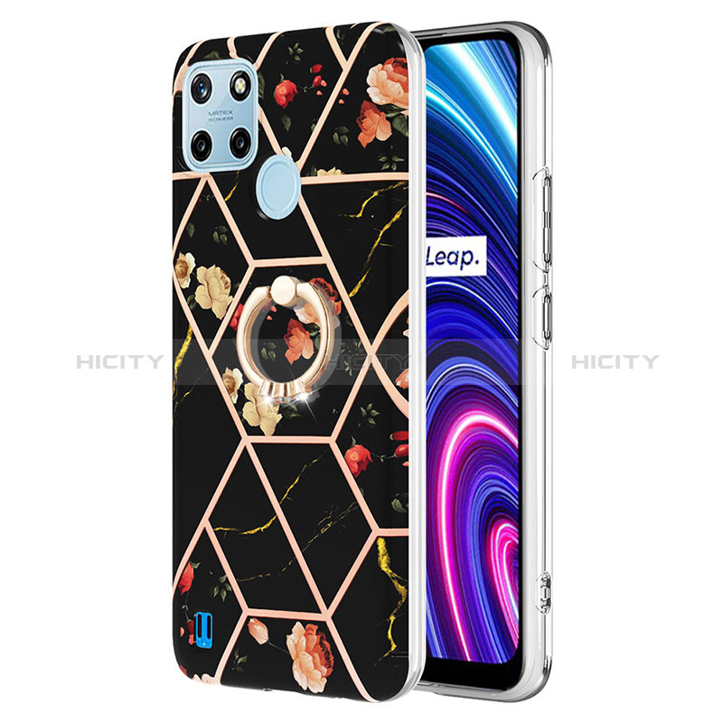 Handyhülle Silikon Hülle Gummi Schutzhülle Flexible Modisch Muster mit Fingerring Ständer Y02B für Realme C21Y Schwarz Plus