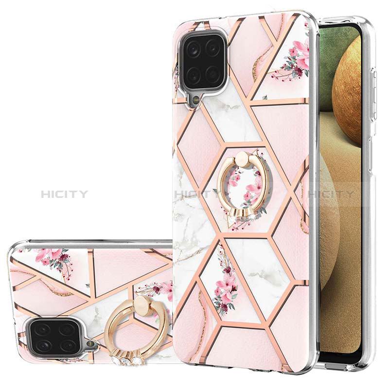 Handyhülle Silikon Hülle Gummi Schutzhülle Flexible Modisch Muster mit Fingerring Ständer Y02B für Samsung Galaxy A12 Rosa Plus