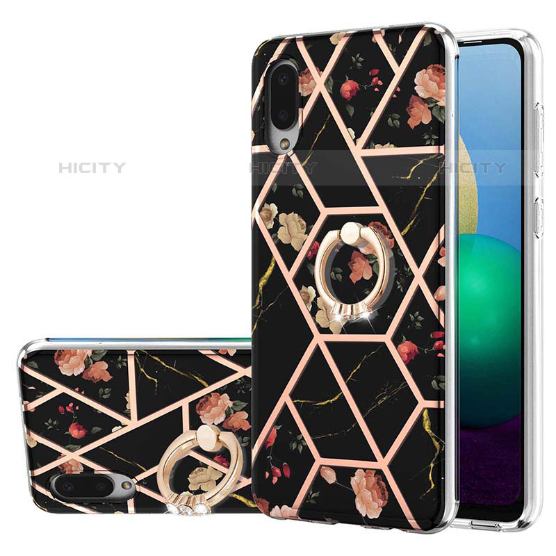 Handyhülle Silikon Hülle Gummi Schutzhülle Flexible Modisch Muster mit Fingerring Ständer Y02B für Samsung Galaxy M02 Schwarz