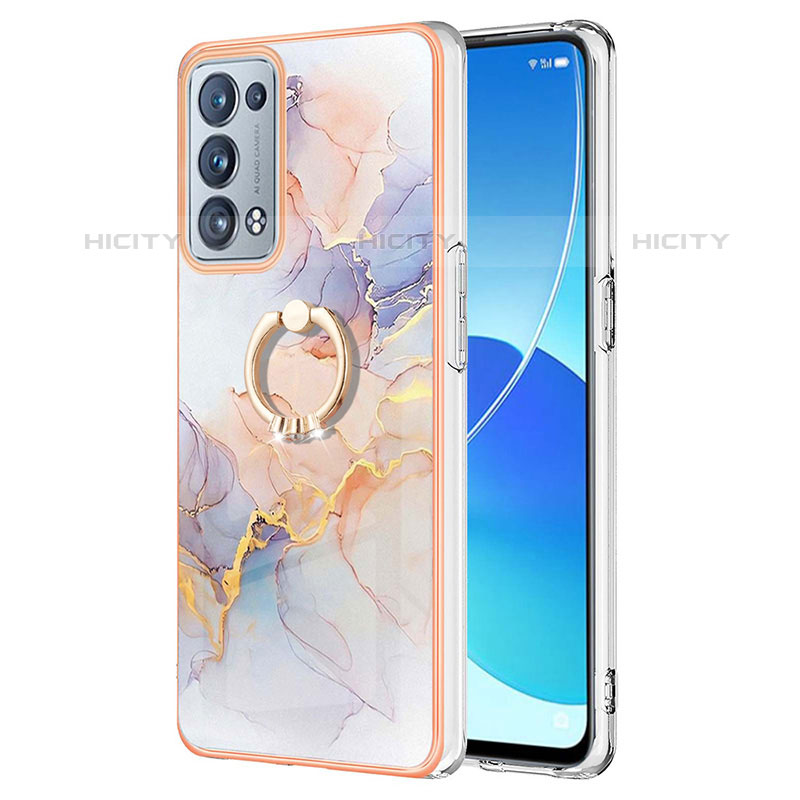 Handyhülle Silikon Hülle Gummi Schutzhülle Flexible Modisch Muster mit Fingerring Ständer Y03B für Oppo Reno6 Pro+ Plus 5G Helles Lila