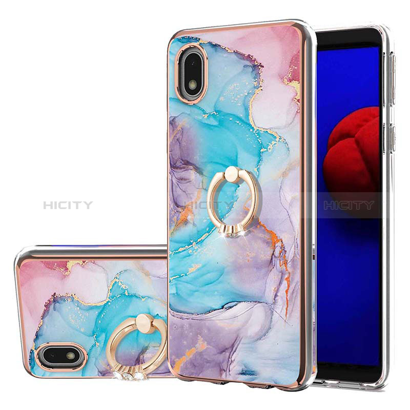 Handyhülle Silikon Hülle Gummi Schutzhülle Flexible Modisch Muster mit Fingerring Ständer Y03B für Samsung Galaxy A01 Core Blau