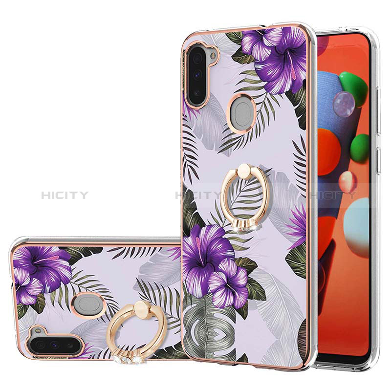 Handyhülle Silikon Hülle Gummi Schutzhülle Flexible Modisch Muster mit Fingerring Ständer Y03B für Samsung Galaxy A11 Violett