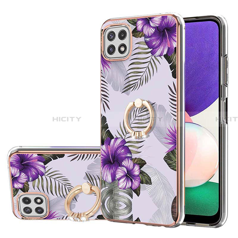 Handyhülle Silikon Hülle Gummi Schutzhülle Flexible Modisch Muster mit Fingerring Ständer Y03B für Samsung Galaxy A22 5G Violett