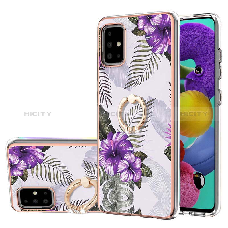 Handyhülle Silikon Hülle Gummi Schutzhülle Flexible Modisch Muster mit Fingerring Ständer Y03B für Samsung Galaxy A51 4G Violett