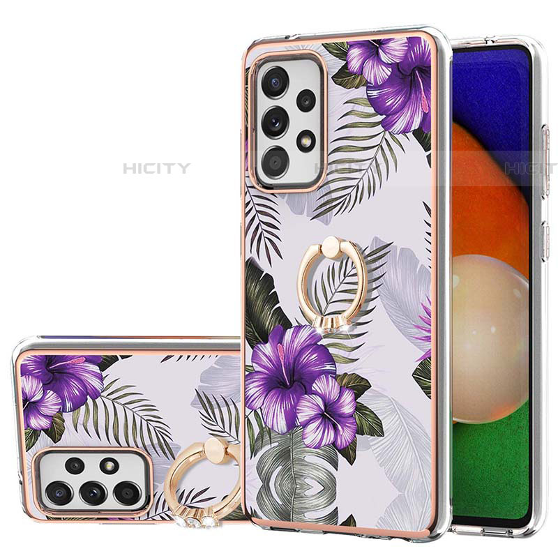 Handyhülle Silikon Hülle Gummi Schutzhülle Flexible Modisch Muster mit Fingerring Ständer Y03B für Samsung Galaxy A52 5G Violett Plus