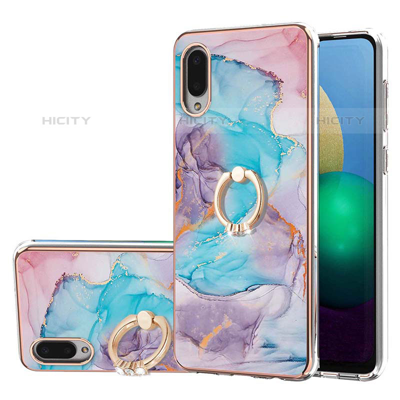 Handyhülle Silikon Hülle Gummi Schutzhülle Flexible Modisch Muster mit Fingerring Ständer Y03B für Samsung Galaxy M02 Blau