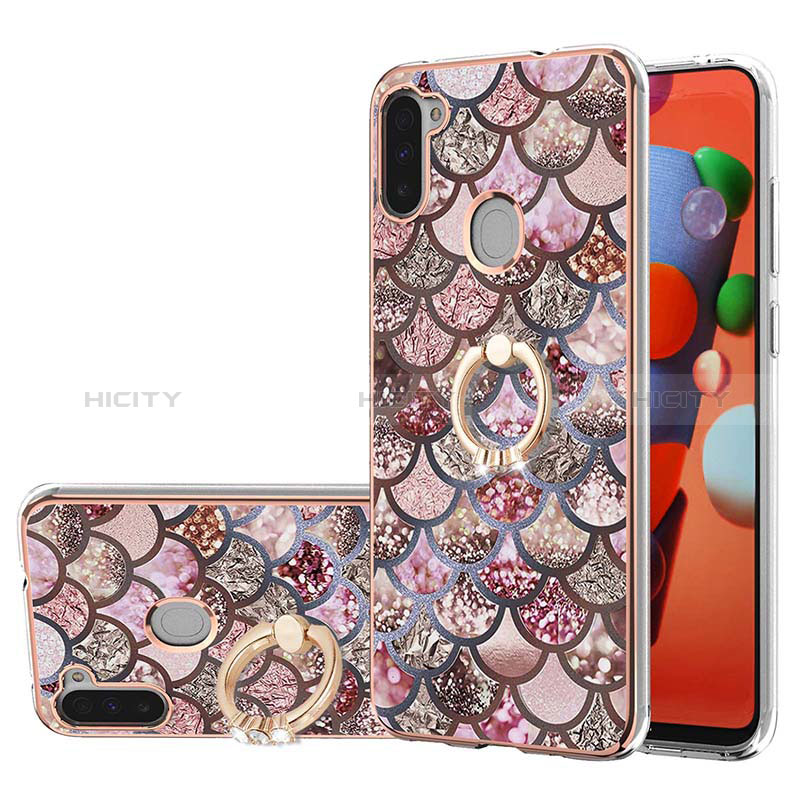 Handyhülle Silikon Hülle Gummi Schutzhülle Flexible Modisch Muster mit Fingerring Ständer Y03B für Samsung Galaxy M11 Braun Plus