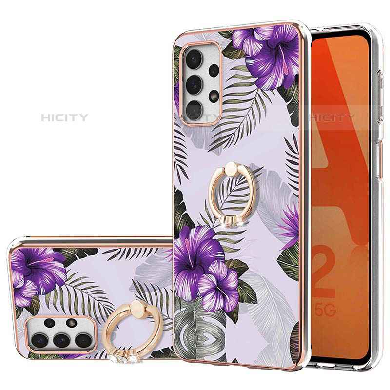 Handyhülle Silikon Hülle Gummi Schutzhülle Flexible Modisch Muster mit Fingerring Ständer Y03B für Samsung Galaxy M32 5G Violett