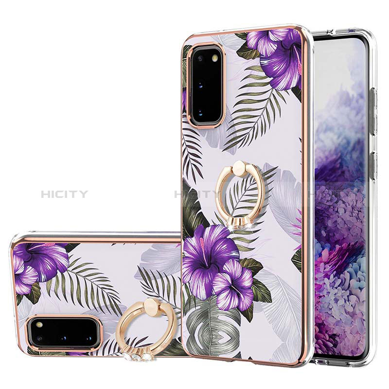 Handyhülle Silikon Hülle Gummi Schutzhülle Flexible Modisch Muster mit Fingerring Ständer Y03B für Samsung Galaxy S20 Violett