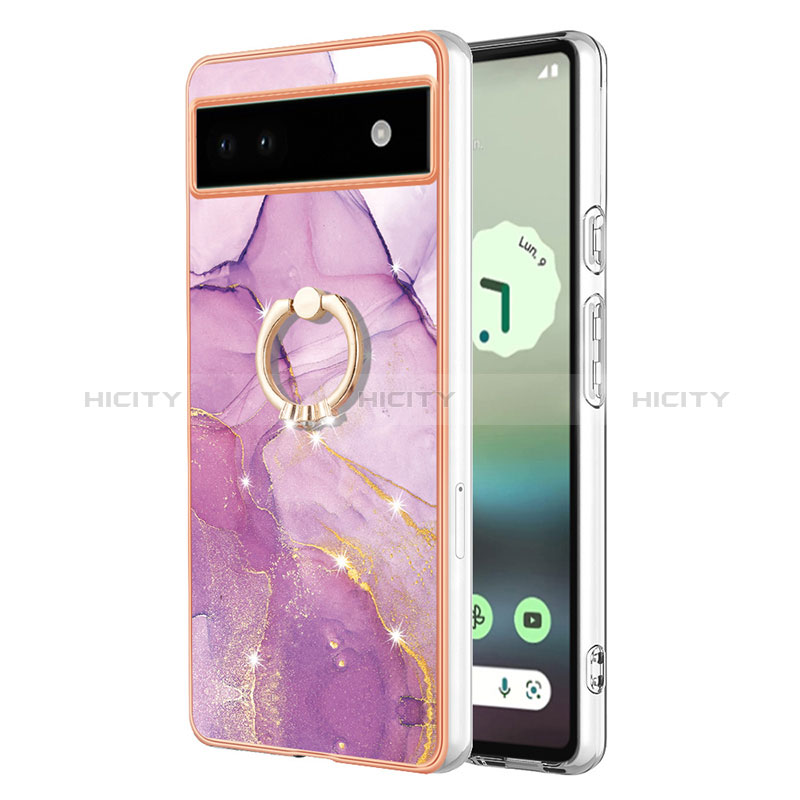 Handyhülle Silikon Hülle Gummi Schutzhülle Flexible Modisch Muster mit Fingerring Ständer Y05B für Google Pixel 6a 5G Helles Lila Plus