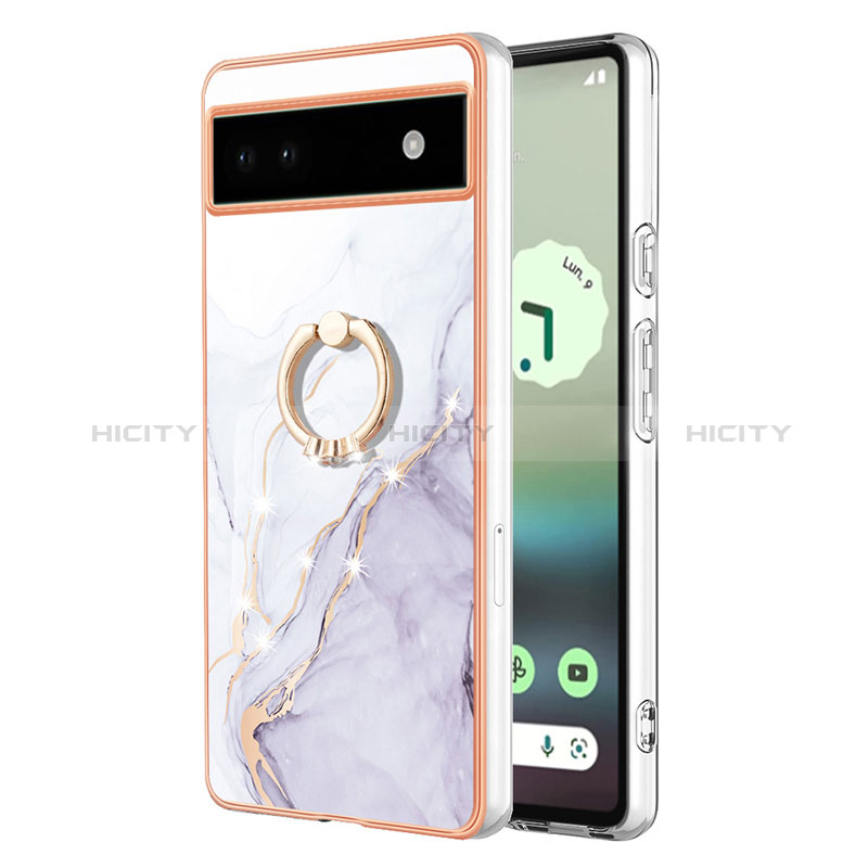 Handyhülle Silikon Hülle Gummi Schutzhülle Flexible Modisch Muster mit Fingerring Ständer Y05B für Google Pixel 6a 5G Weiß Plus