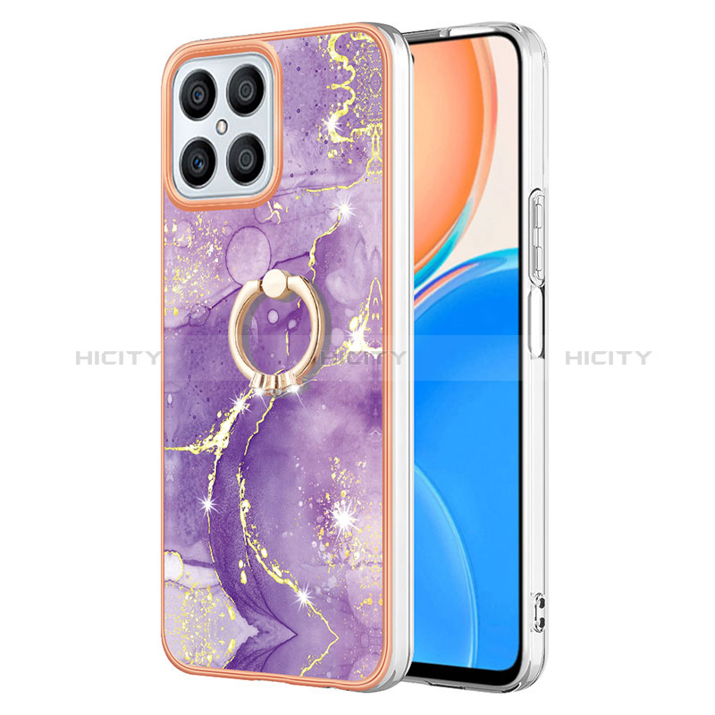 Handyhülle Silikon Hülle Gummi Schutzhülle Flexible Modisch Muster mit Fingerring Ständer Y05B für Huawei Honor X8 4G Violett