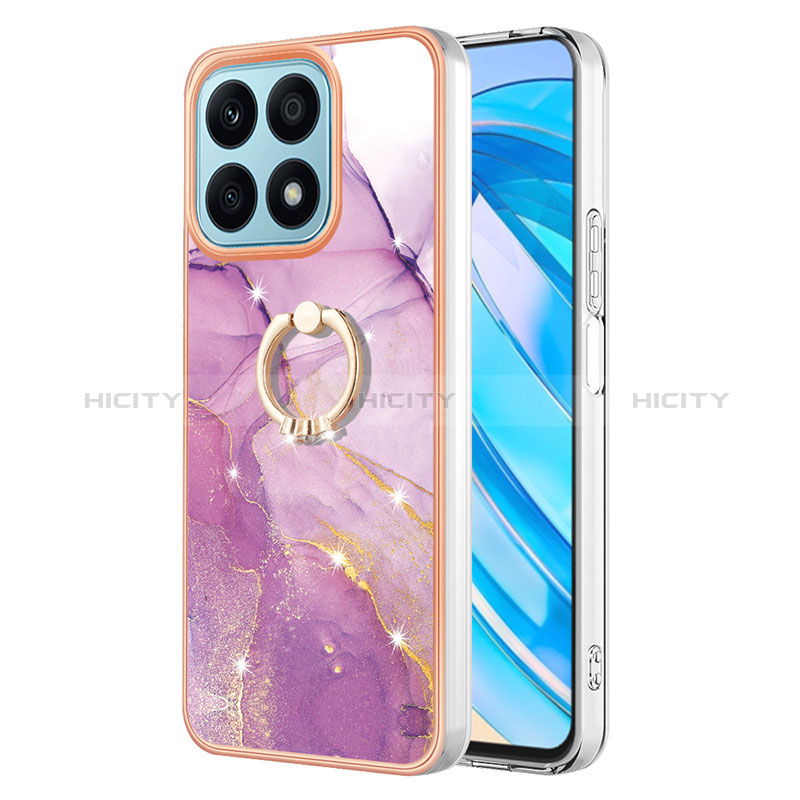 Handyhülle Silikon Hülle Gummi Schutzhülle Flexible Modisch Muster mit Fingerring Ständer Y05B für Huawei Honor X8a 4G Helles Lila