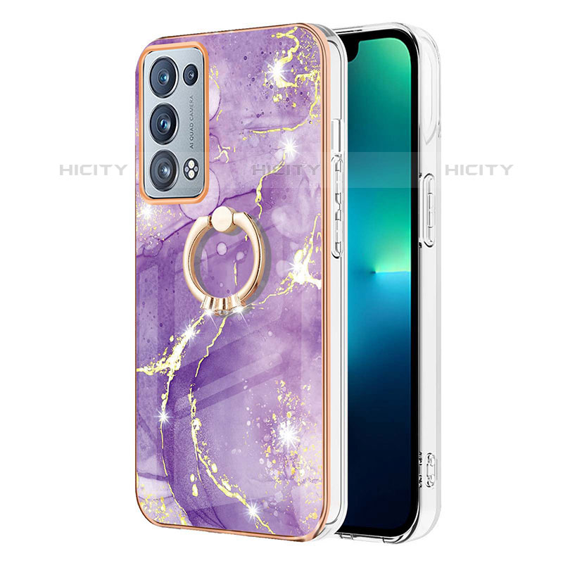 Handyhülle Silikon Hülle Gummi Schutzhülle Flexible Modisch Muster mit Fingerring Ständer Y05B für Oppo Reno6 Pro+ Plus 5G Violett