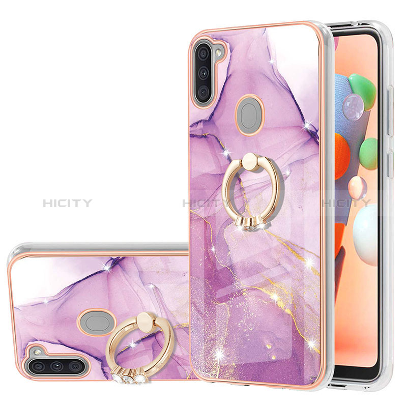 Handyhülle Silikon Hülle Gummi Schutzhülle Flexible Modisch Muster mit Fingerring Ständer Y05B für Samsung Galaxy A11 Helles Lila