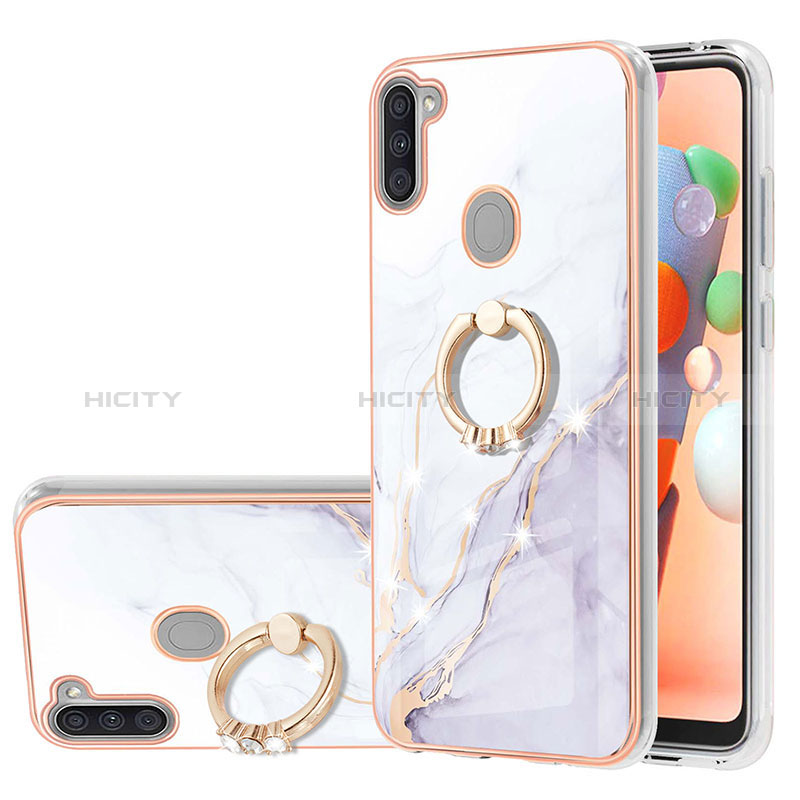 Handyhülle Silikon Hülle Gummi Schutzhülle Flexible Modisch Muster mit Fingerring Ständer Y05B für Samsung Galaxy A11 Weiß