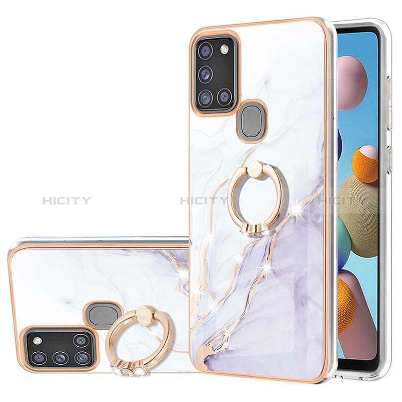 Handyhülle Silikon Hülle Gummi Schutzhülle Flexible Modisch Muster mit Fingerring Ständer Y05B für Samsung Galaxy A21s Weiß Plus