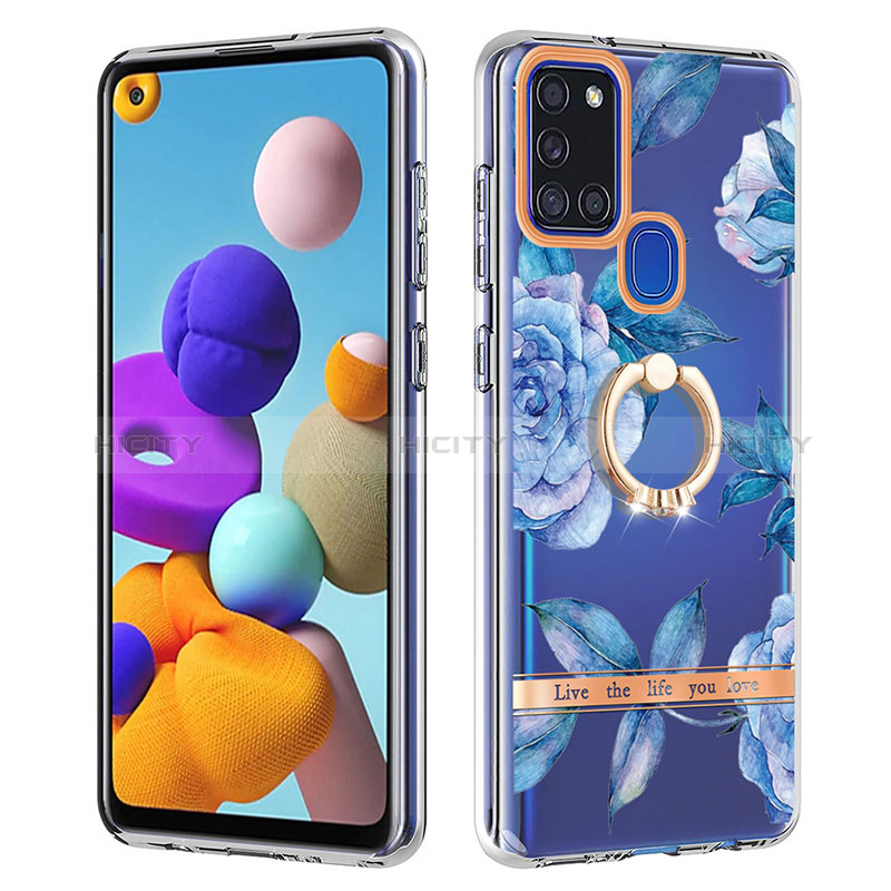 Handyhülle Silikon Hülle Gummi Schutzhülle Flexible Modisch Muster mit Fingerring Ständer Y06B für Samsung Galaxy A21s Blau Plus