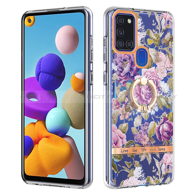 Handyhülle Silikon Hülle Gummi Schutzhülle Flexible Modisch Muster mit Fingerring Ständer Y06B für Samsung Galaxy A21s Helles Lila Plus