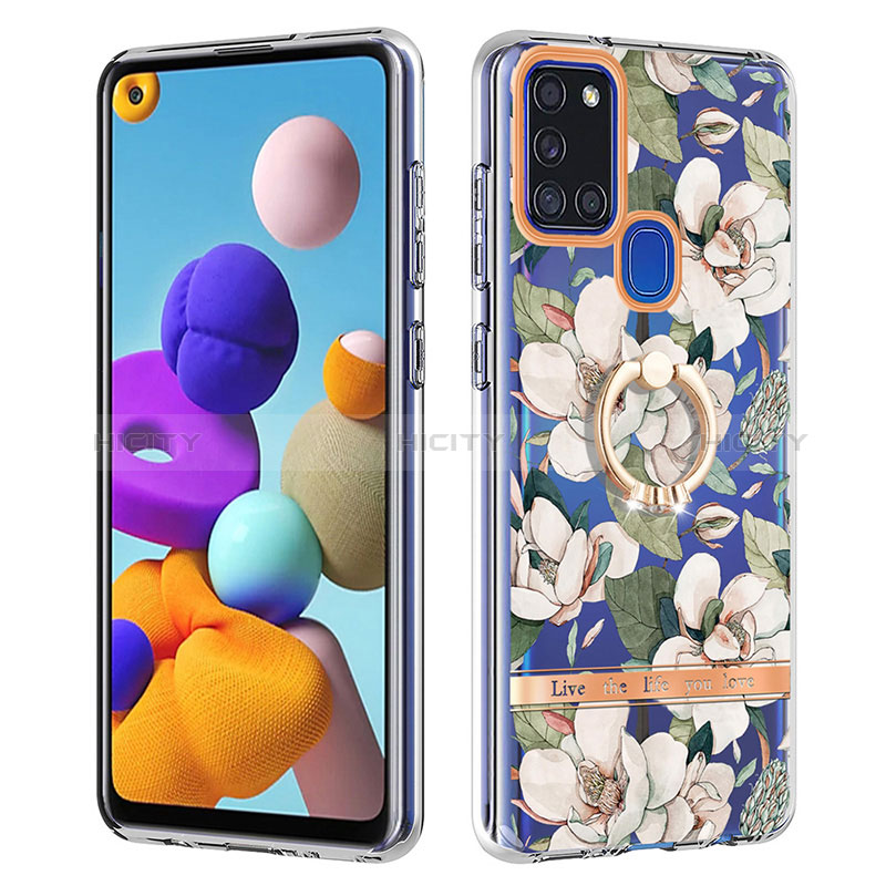 Handyhülle Silikon Hülle Gummi Schutzhülle Flexible Modisch Muster mit Fingerring Ständer Y06B für Samsung Galaxy A21s Weiß Plus